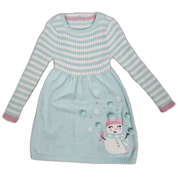 Christmas Snowman Knit Long Sleeve Sweater Dress Blue White and Pink Size S(5/6) - Picture 2 of 9